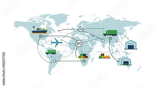 Global logistics and transportation network illustration showing cargo movement across continents via various modes of transport