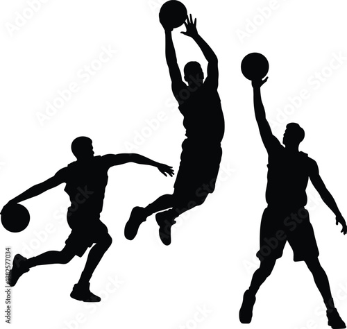Male Basketball Player Silhouettes, Professional Athlete Action Poses Vector Set, Slam Dunk Dribbling and Shooting Illustrations, Sports Competition Game Graphics