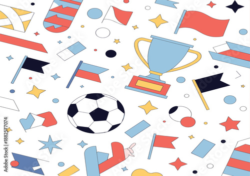 Colorful, soccer, championship, seamless, pattern, with, trophy, football, flags, stars, confetti, celebration, sports, competition, background, illustration, modern, playful, design, artwork