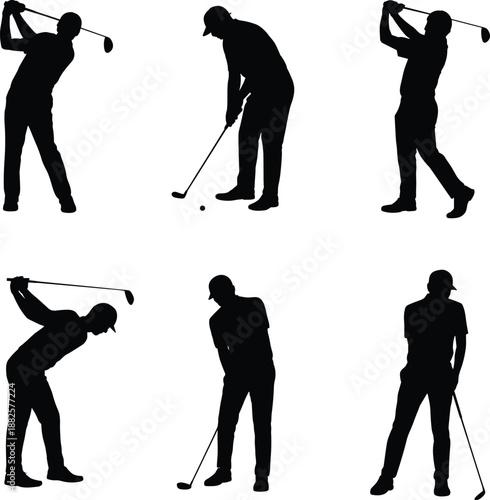 Male Golfer Silhouette Collection, Professional Golf Player Swings Vector Set, Sports Action Poses Illustration, Athletic Man Playing Golf Outdoor Activity