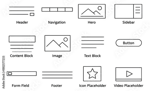 Minimal line art web design wireframe elements set featuring essential user interface components for website prototyping