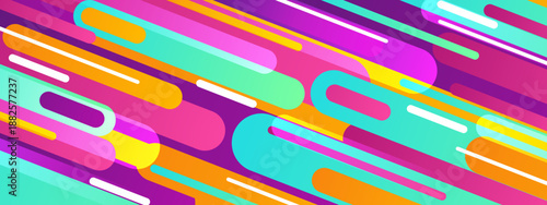 Energetic abstract pattern with tilted capsule shapes in pink cyan and yellow creating a sense of fast movement