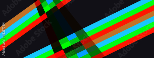 Creative abstract design featuring overlapping bright neon colored stripes on a black canvas