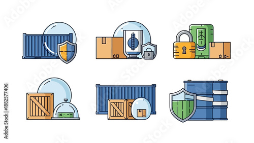 Illustration of shipping containers with security icons and symbols surrounding them from various viewpoints