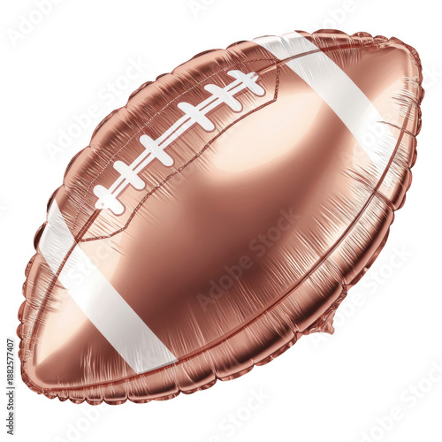 Rose gold foil balloon shaped like an american football with white stripes and laces on a transparent background.
