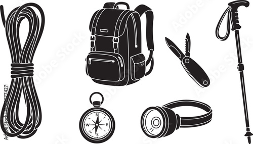 Hiking and camping equipment in black and white illustration