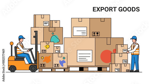Workers loading export goods onto a pallet with a forklift in a warehouse setting