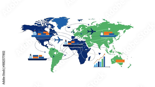 Global Business Analytics and Logistics Overview Map with Charts and Graphs Illustrating International Trade and Shipping Routes
