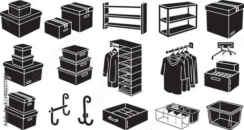 Black and white illustration of various storage solutions icons