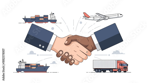 Handshake between business partners surrounded by transportation icons representing global trade and logistics from various viewpoints