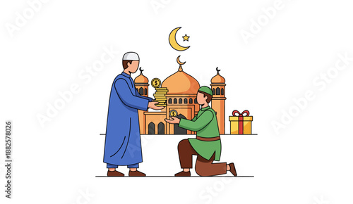 Muslim giving zakat or charity at mosque illustration.
