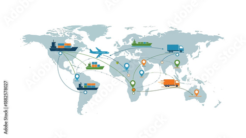 Global logistics and transportation network map illustrating worldwide shipping routes and cargo movement