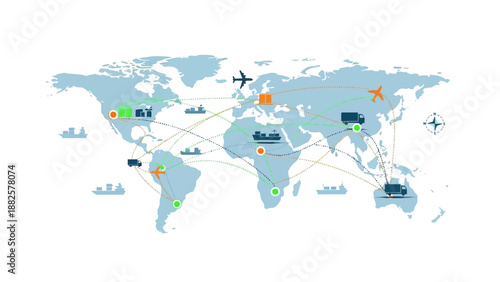 Global Logistics and Transportation Network Map Illustration Showcasing Worldwide Shipping Routes and Modes of Transport