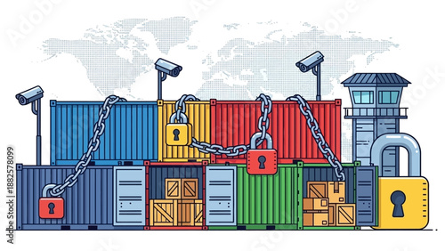 Secure Shipping Containers Locked with Chains and Pads, Global Trade Illustration