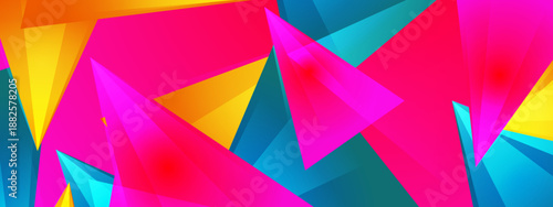 Geometric background design with sharp transparent triangles in bright pink and cyan blue overlapping each other