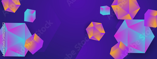 Futuristic background with floating 3D geometric shapes and halftone textures in deep purple and cyan tones