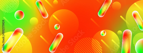 Dynamic layout with lime green and red capsules scattered across a powerful orange and yellow gradient with geometric accents