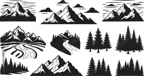 Mountain Landscape Silhouette Vector Graphics and Icons Set Collection