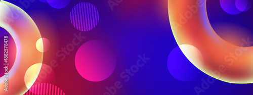 Dramatic dark purple backdrop accented by warm glowing golden rings and soft pink spheres with a halftone texture effect