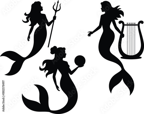 Mermaid silhouette set featuring trident, harp and crystal ball, mythical sea goddess fantasy illustration isolated white background, vector, clipart, design