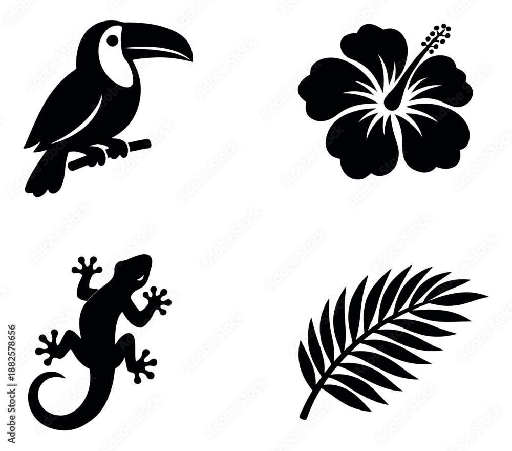 Fototapeta premium Simple clip art tropical set featuring a toucan, hibiscus flower, lizard, and palm leaf for vacation designs