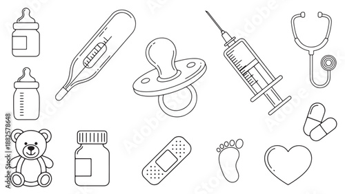 Pediatric and infant care icon set for child health, vaccination programs, well-child visits and pediatric healthcare services vector illustration