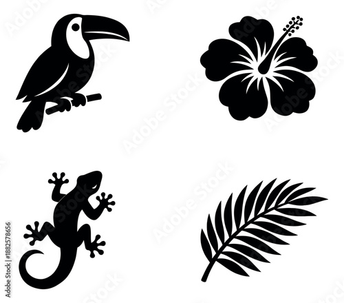 Simple clip art tropical set featuring a toucan, hibiscus flower, lizard, and palm leaf for vacation designs