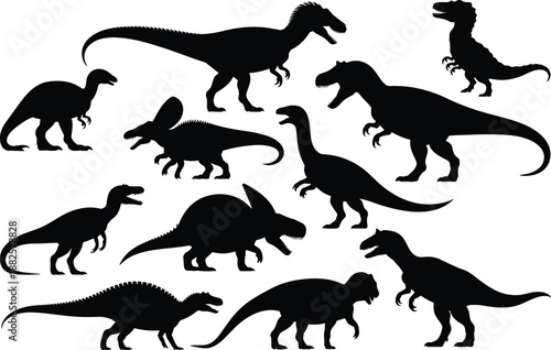 Set of black dinosaur silhouettes isolated on white background, prehistoric animals collection, vector style illustration for education design projects templates