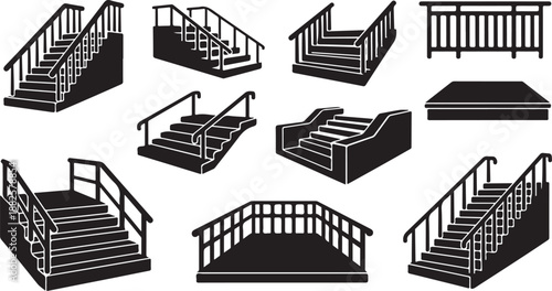 Various Staircases and Ramps in Black and White Illustrations