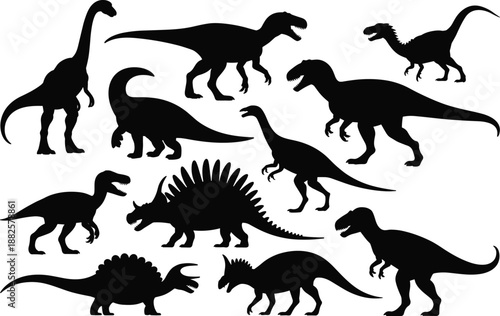 Set of black dinosaur silhouettes isolated on white background, prehistoric animals collection, vector style illustration for education design projects templates