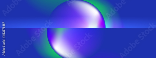Unique abstract composition of a divided sphere emitting soft neon light across a blue background