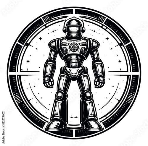 Monochrome line art illustration of a robot depicting it standing within a circular target frame for technology and futuristic designs