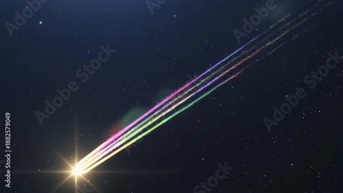 Dynamic Rainbow Light Streak Illuminates Dark Starry Sky from Bottom Left