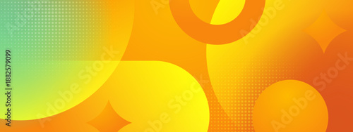 Dynamic abstract background featuring bright yellow and orange overlapping circles with subtle halftone textures and glowing star shapes