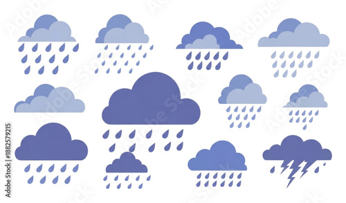 Cute rainy cloud weather flat cartoon vector set isolated on transparent background