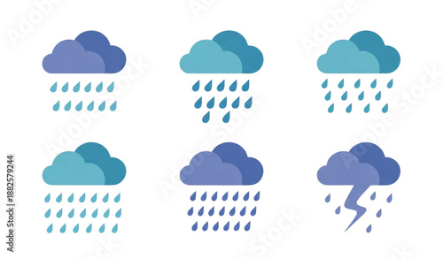 Rainy weather cloudscape flat vector illustration set isolated on transparent background