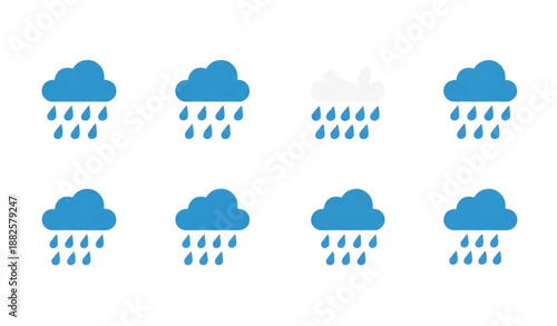 Minimal rainy weather cloudscape flat vector icon set isolated on transparent background