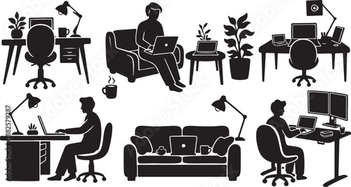 People working from home in various office settings daily