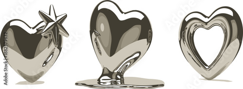 Three metallic gold heart shapes, modern abstract love symbols, luxury 3D render, isolated on white background, minimalist design collection illustration