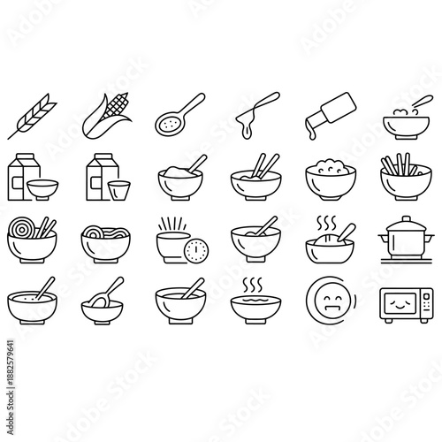 A diverse collection of outline icons representing various food items, cooking processes, and kitchenware