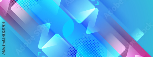Professional blue background with diagonal geometric shapes and arrows