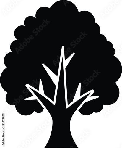 A minimalist black silhouette of a tree with a thick trunk and sprawling branches against a white background