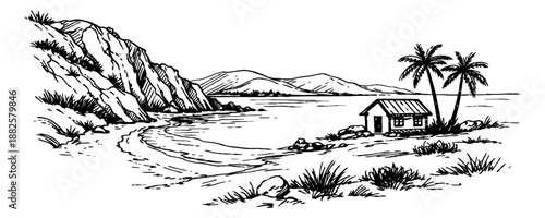 Hand drawn line art illustration of coastal landscape depicting a beach house, palm trees, and rocky shores for travel and relaxation