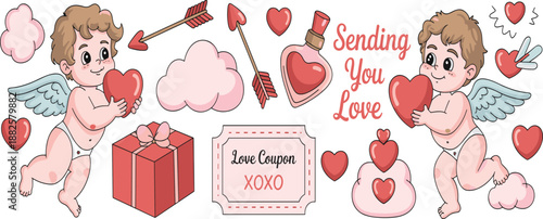 Obraz na plátně Valentine’s Day cute cupid illustration with flying angels, hearts, love coupon,