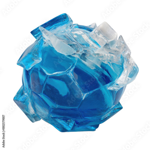 Spherical formation of blue ice crystals with sharp jagged edges and a translucent texture on a transparent background.