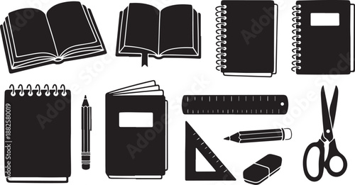 School and office supplies icons on white background