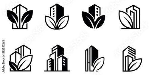Abstract graphic building and leaf logo set featuring architectural structures and natural leaves for sustainable development and eco-friendly real estate projects