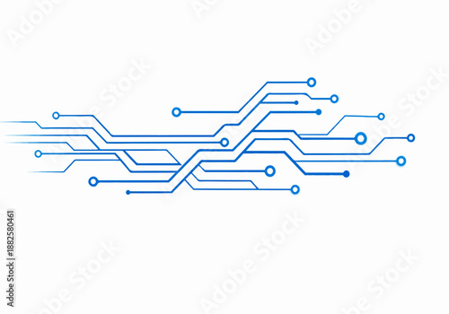 Abstract blue circuit board background with flowing musical notes and treble clef lines creating a technological sound wave melody vector illustration.