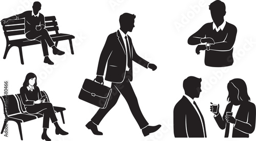 Business People Silhouettes in Various Office Settings and Actions