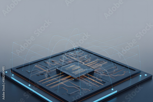 CPU Chip Illustration: A close-up view of a high-tech central processing unit (CPU) chip, radiating with intricate circuits and symbolic of innovation and processing power.